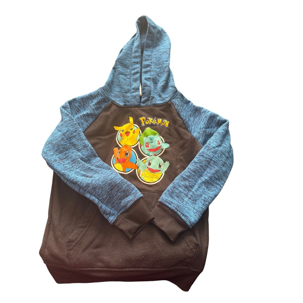 Pokemon Hoodie Youth Size 5/6 Blue Black Pullover Pikachu Charmander Bulbasaur